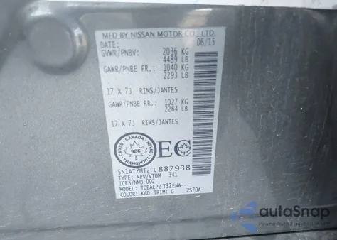 2015 Nissan Rogue S/Sl/Sv z USA, uszkodzony, nr VIN 5N1AT2MT2FC887938